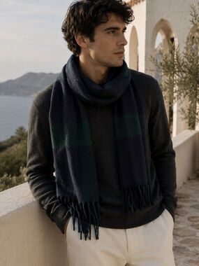Club Room Cashmere Scarf Green Blue Plaid Fringe Soft Luxury Winter Cozy Fall